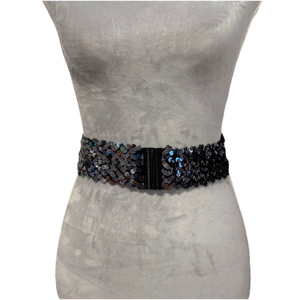 Vintage 70s 80s BLACK Silver‎ SEQUIN Stretch Belt With Black Buckle 25-32" Disco